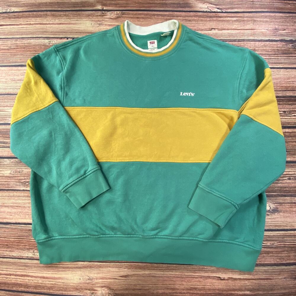 Levis Mens Green Yellow Colorblock Pullover Crewneck Sweatshirt Size 2XL Relaxed